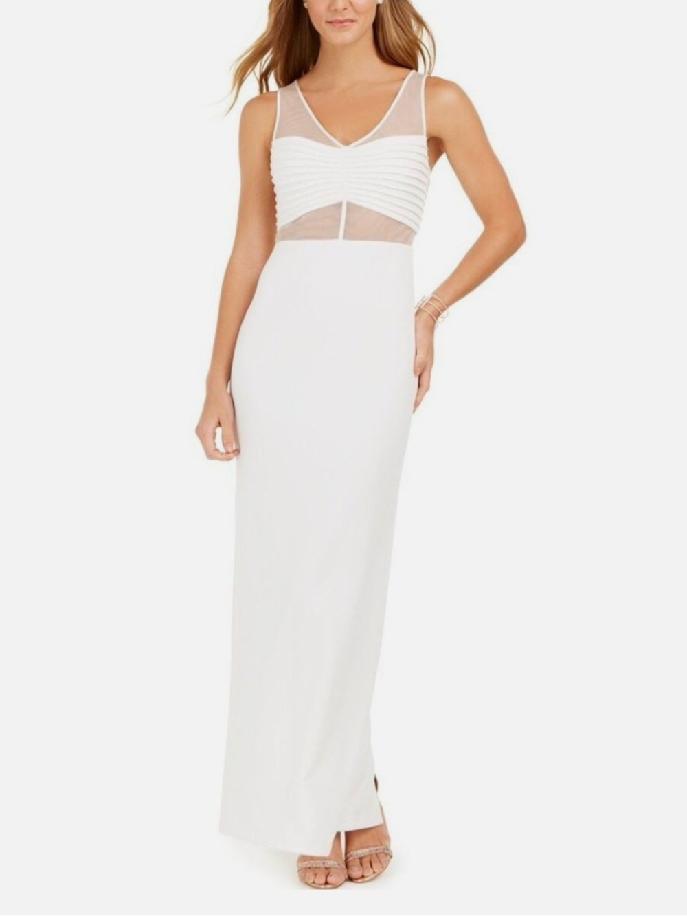 Adrianna Papell White Sleeveless Mesh-Panel Maxi Gown